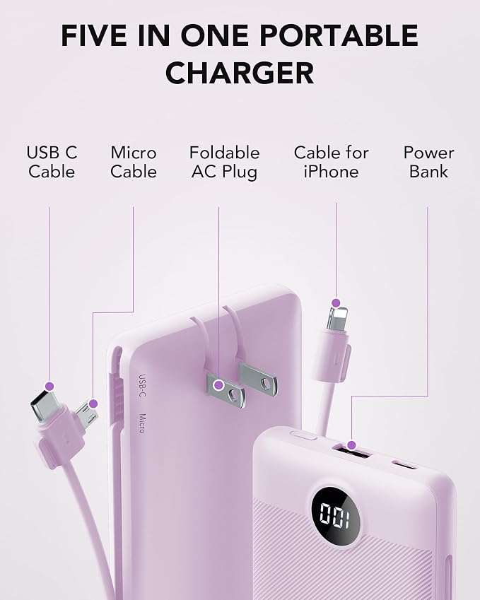 VRURC Portable Charger Built-in Cables and AC Wall Plug,Power Bank 10000mAh | Travel Essentials Phone Charger Compact Lightweight External Battery Pack for Smart Phones, Tablets etc (Purple)