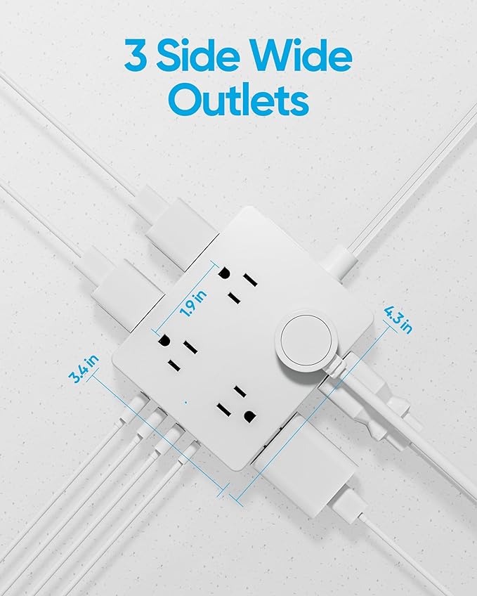 Olcorife Flat Plug Power Strip with 15 FT Extension Cord, 8 Outlets 4 USB Ports(1 USB C), 3 Sided Outlet Extender for Home Office Travel Dorm Room Essentials, White