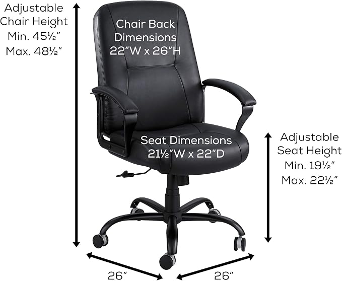 Safco High Back Big and Tall Swivel Desk Task Chair Adjustable Height and Tilt, Rolling Base, 500 lbs. Weight Capacity, Work or Home Office, Black Leather Seat (3500BL)