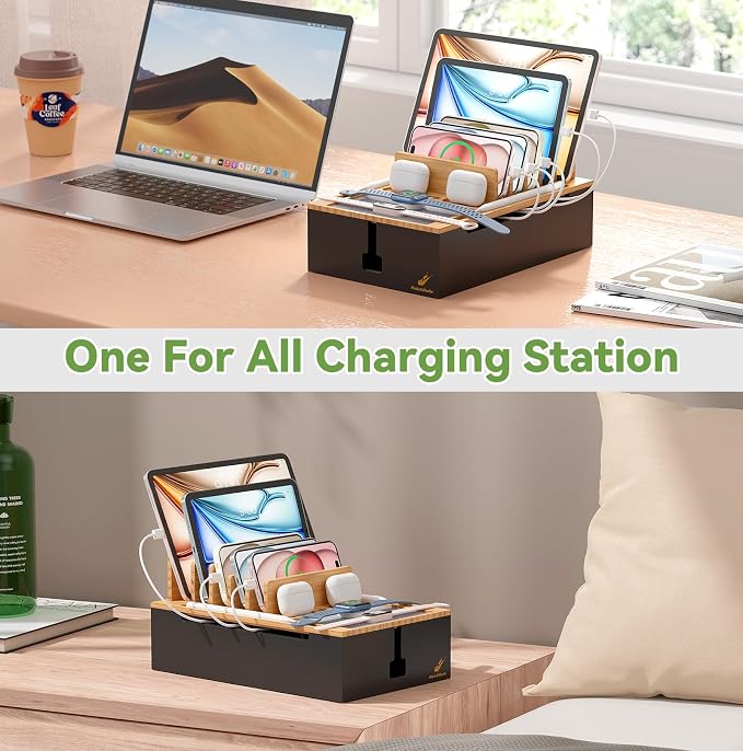 Pezin & Hulin Bamboo Charging Station for Multiple Devices-Natural+Black | USB Charger Dock Organizer, with Power Supply (10 Ports HUB), 6 Cables, Cable Management Organizer for Cell Phones, Tablet