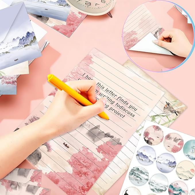 FUNCLASS 160 Pcs Stationery Set Letter and Envelopes – 50 Lined Stationery Paper and 50 Matching Envelopes, 5.5 x 8.25 Inches Letter Writing Stationery for Home, Office, School (Ink wash)