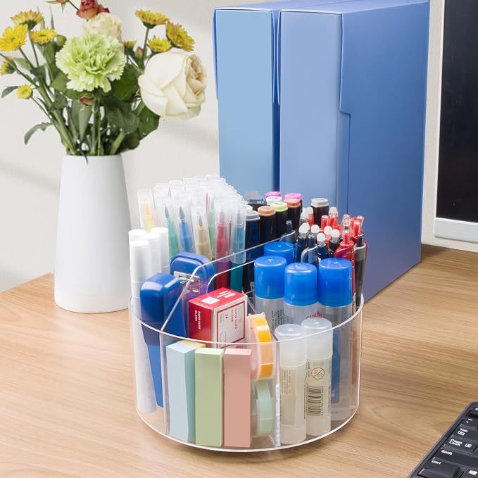 Mefirt Acrylic Pen Holder, 2 Pack 360 Rotating Organizer With 6 Compartments, Desk Office Storage for 800 Pens, Markers, Crayons and Art Supplies