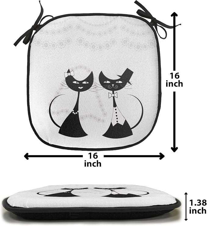 Lunarable Animals Chair Cushion Pad, Cats The Groom and Bride Life Partners Celebrating with Dress Bow Tie Joyful, Seat Padding for Kitchen & Patio with Anti-Slip Backing, 16"x16", Grey Black White