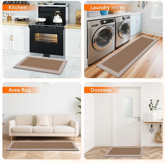 Kitchen Mats, 2PCS Kitchen Rugs for Floor, Cushioned Anti-Fatigue Mats for Kitchen Floor, Non-Slip Standing Desk Mat for Sink, Home, Laundry & Office, 17.3"x30"+17.3"x59" (Khaki)