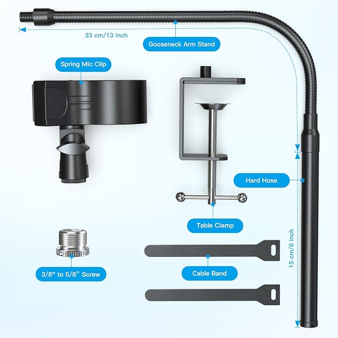 ZealSound Microphone Stand 19inch,Flexible Gooseneck Desktop Mic Stands,Upgraded Microphone Clip Holder for Mics with Outer Diameter 1.03" and 2.59",3/8" to 5/8" Screw Adapter for Blue Yeti and More