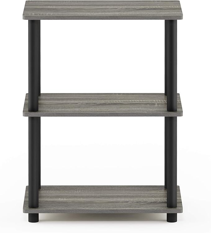Furinno Turn-N-Tube No Tool 3-Tier Storage Shelf, Narrow, French Oak Grey/Black | Book Shelf, Corner Shelf, Open Shelves, for Organization, Living Room, Garage, Home Office