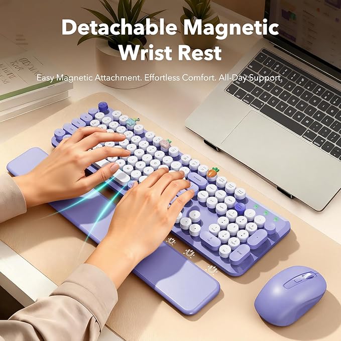 Wireless Keyboard and Mouse Combo, Cute Round Keycaps, Full-Size Retro Typewriter Keyboard with Detachable Wrist Rest, 2.4GHz Cordless Connection for Mac/Windows/PC/Laptop (Purple-Colorful)