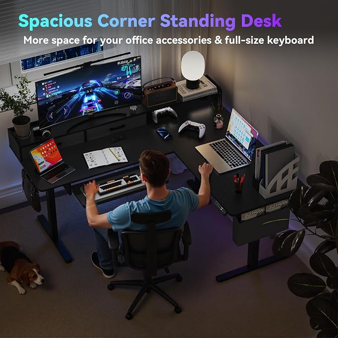 WALKINGDESK 63 Inches L Shaped Standing Desk with Keyboard Tray and 2 Drawers, L Shaped Electric Standing Desk, Adjustable L Shaped Office Desk,Corner Standing Desk for Home Office, Black