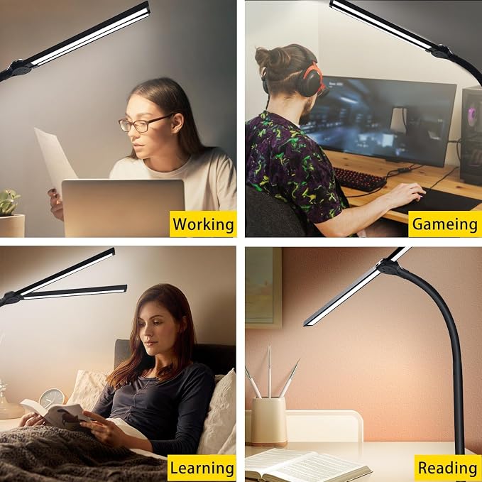 Double Head LED Desk Lamp for Office - Eye Caring Lamp with Clamp, Flexible Adjustable Lighting Gooseneck Desk Light, 4 Color Modes & 5 Brightness Levels for Monitor Workbench Study Reading