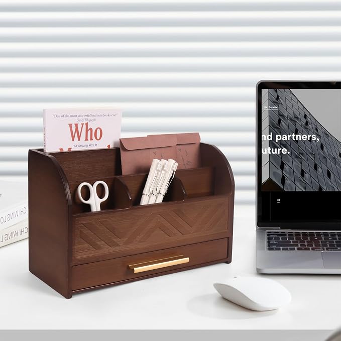 Brown Desktop Organizer with Drawer Storage, White Desk Organizer Mail Holder Mail Organizer Countertop Pen Holder Letter Sorter Make up Organizer for School Home Office Supplies