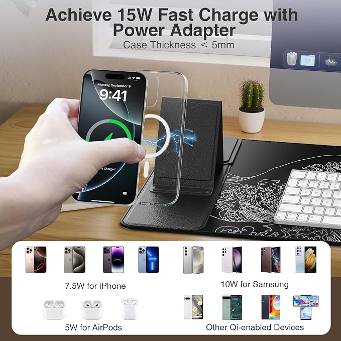 Wireless Charging Mouse Pad with Phone Holder, 31.5"x15.8" in, Black Wave | Large Desk Mat for Laptop/Keyboard, Waterproof Ultra-Smooth Surface, Non-Slip Base
