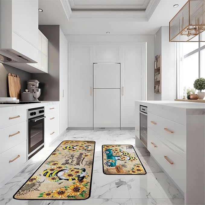 Voanos Sunflower Kitchen Rugs,Non Skid Washable Microfiber mats for Kitchen Floor,Bee Truck Theme Kitchen Cushioned Runner Rug Decor Sets of 2 Pieces,17"x 47"+17"x 30"