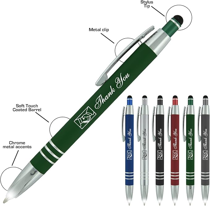 Personalized Pen Gift Set, 2 Rubberized Metal Luxury Ballpoint Pens +Night Writer LED Flashlight +Stylus +Gift Box, Custom Engraved Name,logo,or text Black/Grey