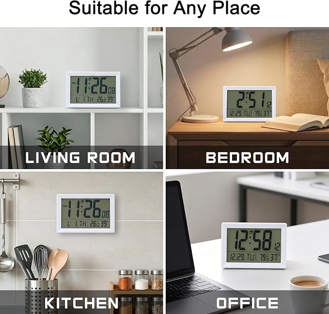 Digital Wall Clock Battery Operated with LCD Display, 6.5โ Small Digital Clock with Seconds/Temperature/Humidity/Snooze - 12/24H, Digital Alarm Clocks for Bedrooms, Living Room, Office, Gym