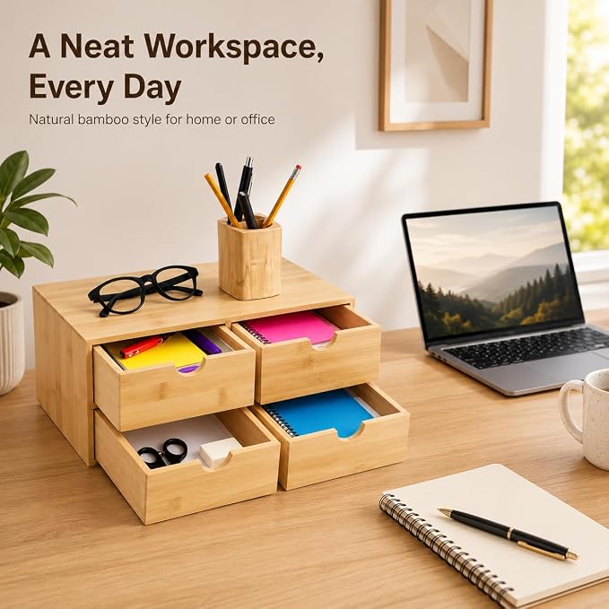 Bamboo Desk Organizer, 4-Drawer Wooden Desk Organizer with Full Pull-out Drawers, No Assembly Bamboo Storage Drawer for Office Supplies Cosmetics