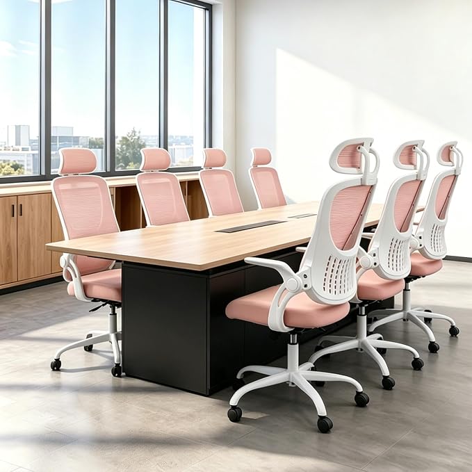 Ergonomic Office Chair, Desk Chair Comfy with Wheels, Adjustable Headrests, Small Office Chair with arms, Breathable Mesh High-Back, Comfortable Swivel Seating for Home Office, Pink