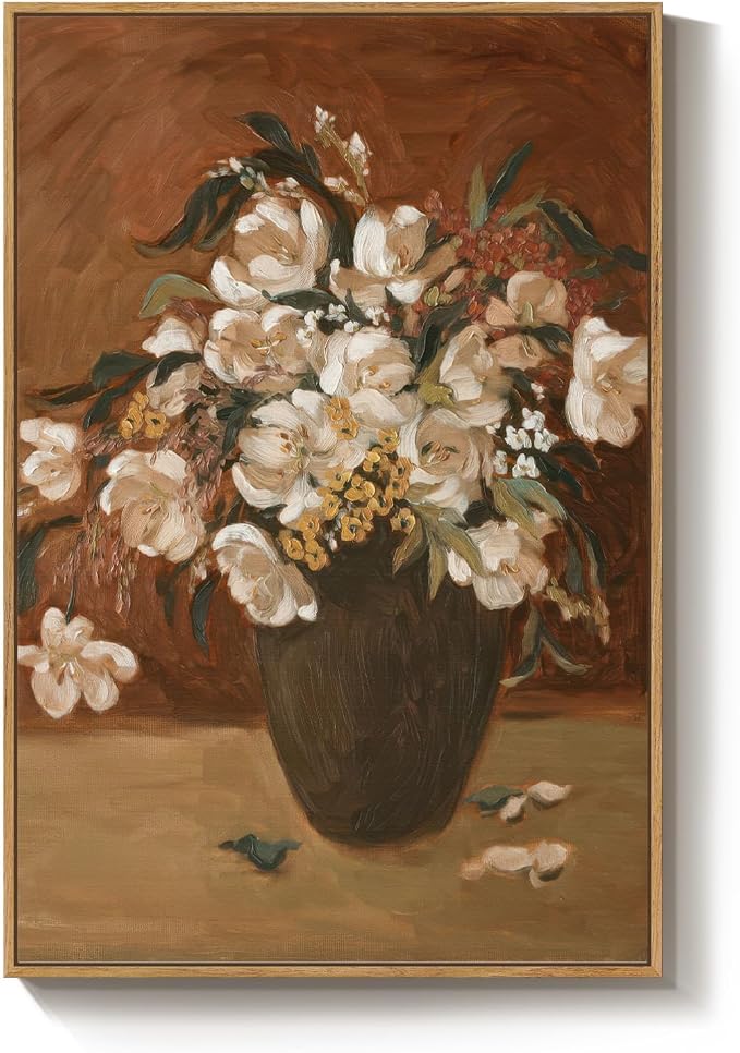 Framed Vintage Floral Wall Art for Living Room, Rustic Retro Flower Brown Canvas Painting Print, Antique Botanical in Vase Vertical Picture for Kitchen Bedroom Hallway Office Wall Decor, 24x36 Inch