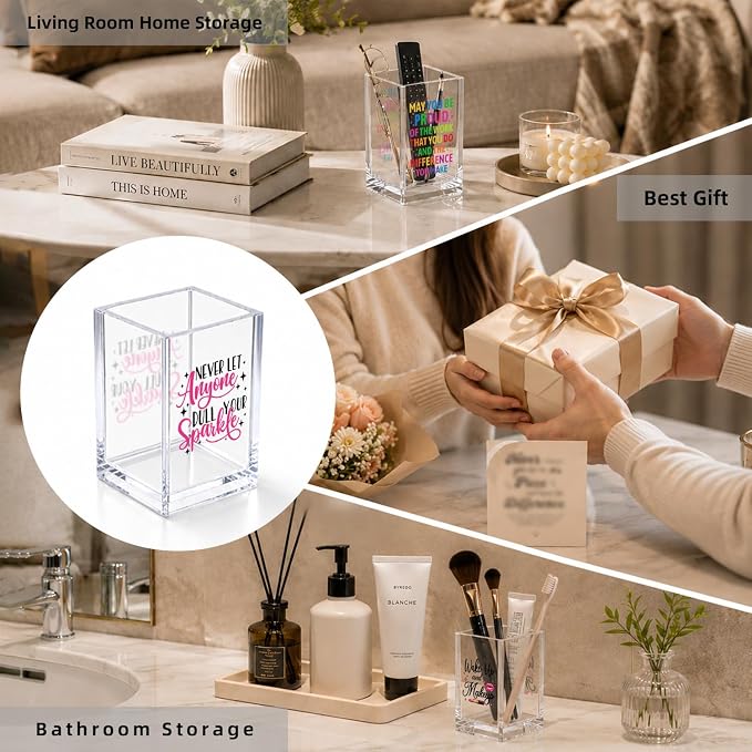 Never Let Anyone Dull You Sparkle Funny Acrylic Cosmetic Pencil Pen Holder Desk Organizer Clear Crack Resistant Desk Organizer for Inspirational Office Gifts for BBF Women Coworker Femal Leader Bestie