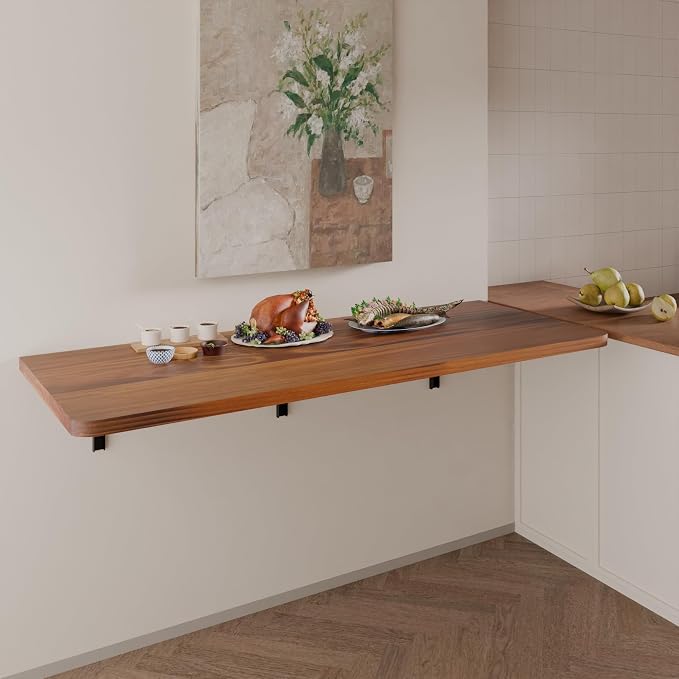 IAE Floating Wall Mounted Folding Table Desk with Pine Wood,55" x 22" Folding Workbench,Fold Down wall Mounted Foldable Table with Shelf Brackets,Laundry Folding Table for Apartment,Home,Kitchen,Teak