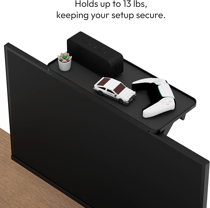 Pixio 12 inch Black Monitor Storage Top Shelf - Adjustable Platform, Universal Fit, Holds Up to 13lbs, Works on TV, Flat, Curved Monitors, Storage for Webcams, Clocks, Phone, Figures