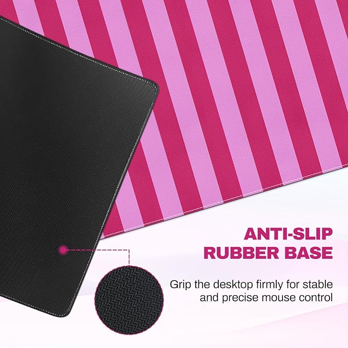 Desk Cover Mat, Big Mouse Pad for Laptop, Aesthetic Computer Pad with Non-Slip Rubber Base, Keyboard Mat for Desktop, Cute Hot Pink Striped Desk Protector for Office Home
