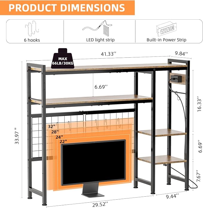 Desk Shelf for Top of Desk, 41.3" Desktop Organizer Shelf with Grid Panel & LED Lights, Desk Hutch for Computer Monitor, Wood Desktop Bookshelf for Home Office Dorm, with Power Outlets