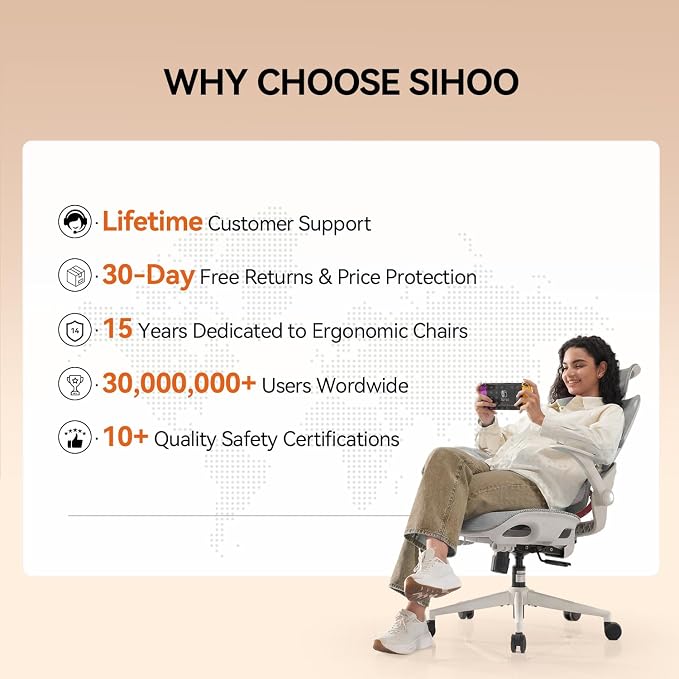 SIHOO B100 Office Chair, Comfy Ergonomic Office Chair, High Back Computer Chair with Adaptive Lumbar Support & Wide Headrest, Flip-up Armrests, Swivel Desk Chair for Long Hours, Grey