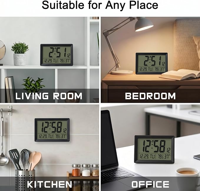 Digital Wall Clock Battery Operated with LCD Display, 6.5โ Small Digital Clock with Seconds/Temperature/Humidity/Snooze - 12/24H, Digital Alarm Clocks for Bedrooms, Living Room, Office, Gym