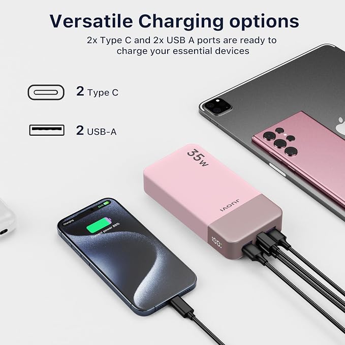 JUOVI J2651 Portable Charger, 35W 20000mAh USB C in & Out Power Bank, Battery Pack with QC4.0+PD3.0 35W High-Speed Charging for Bluetooth Earbud, Mobile Phone, Tablet (Pink)