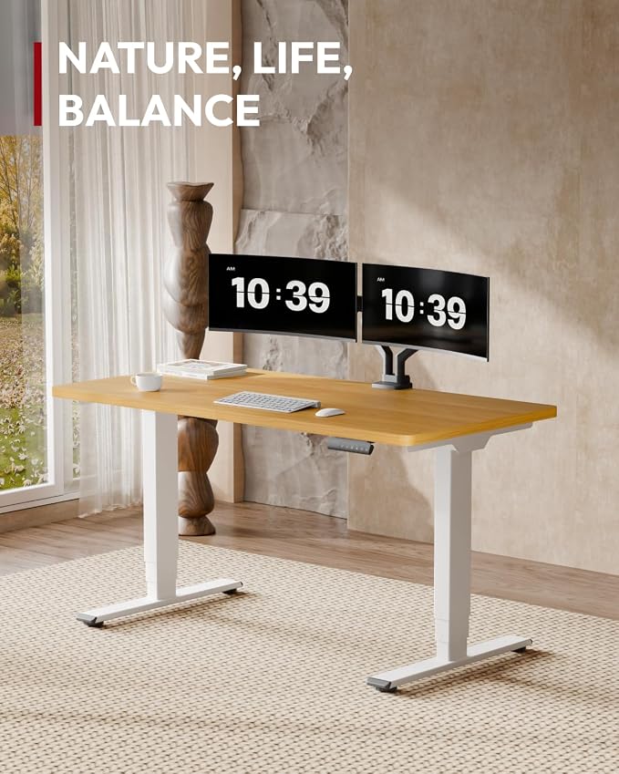 SANODESK Dual Motor Standing Desk 220lbs Height Adjustable Desk | 48"x30" Spacious One-Piece Maple Desktop & White Frame, 4 Memory Presets, 3-Stage Legs, 220lbs, 2-Box for Home & Office