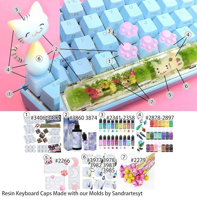 Keycaps Epoxy Resin Casting Mold Set for Mechanical Gaming Keyboard 7 Trays | Polymer Clay Crafts Silicone Mould with Key Puller
