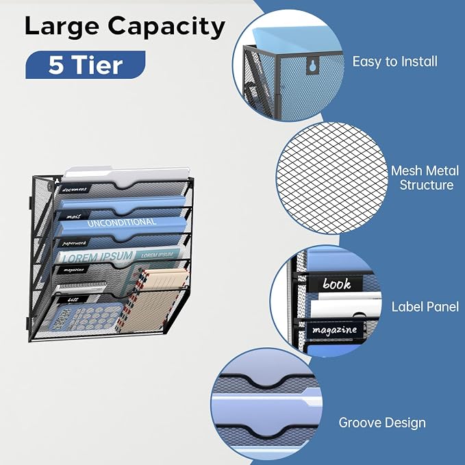 5 Tier Wall Hanging File Organizer, Paper Folder Holder Wall Mounted, Metal Mail Sorter for Office Home School, Black