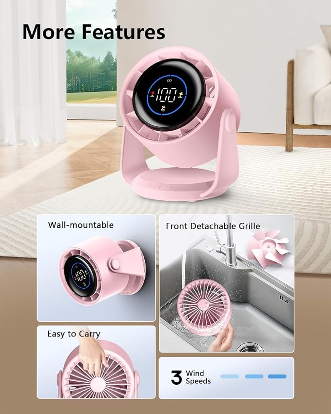Desk Fans, Portable Turbo Fan Ultra Quiet Table Fan Digital Display Rechargeable USB 105°Tilt 100 Speeds Wall-Mounted Design Portable Fans for Home Office Kitchen Travel Camping
