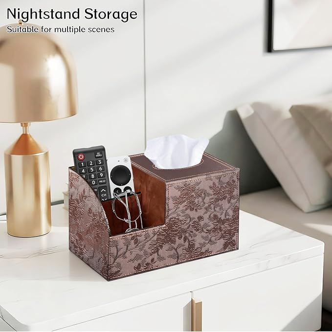 Square Tissue Box Cover with Storage, PU Leather Facial Cube Tissue Holder | TV Remote Control Holder, Desk Accessories Nightstand Organizer, Modern Table Caddy for Bathroom, Bedroom, Home, Office Decor