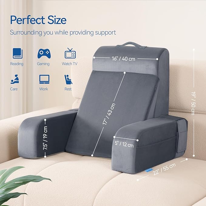 Kayfia Reading Pillow, Gel Memory Foam Back Rest Pillow, 19", Gray | 3 Storage Pockets, Dual-Use Back Leg Support Pillow, Detachable Armrests, Ideal for Reading, Gaming, Working on Bed & Couch