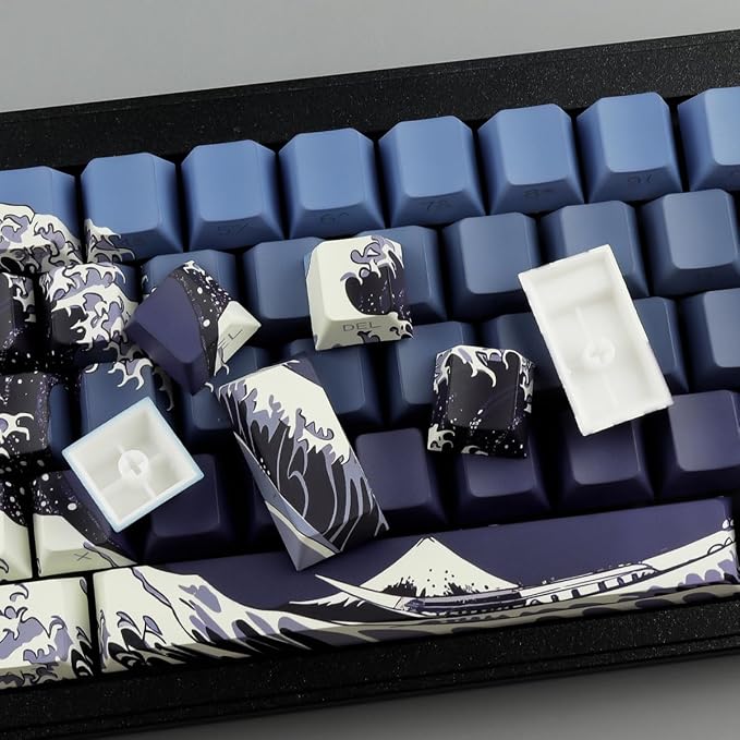 PBT Key caps Custom Cool Wave of Kanagawa Dark Blue Keycaps Keyboard | Tsungup Keycaps 75 Percent,131 Keys Dye Sub Side Print Shine Through Keycap Set,Cherry Key Caps for Mechanical Keyboard