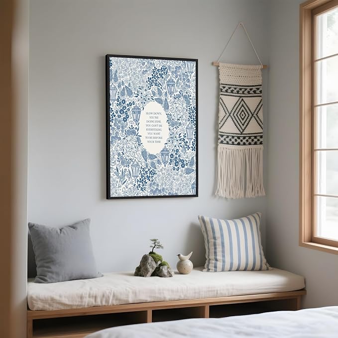 Framed Slow Down Youre Doing Fine Music Posters Motivational Quote Wall Art Blue Victorian Floral Inspirational Canvas Print Vintage Aesthetic Positive Affirmation Office Home Calming Decor 24x36inch
