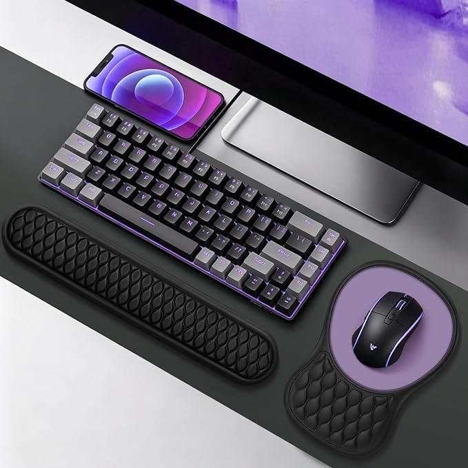 Ergonomic Wrist Rest for Keyboard and Mouse Pad Support Set, Soft Memory Foam Massage Design Relieves Wrist Pain, Non-Slip PU Base for Computer Desk (2-in-1 * Black + Purple)