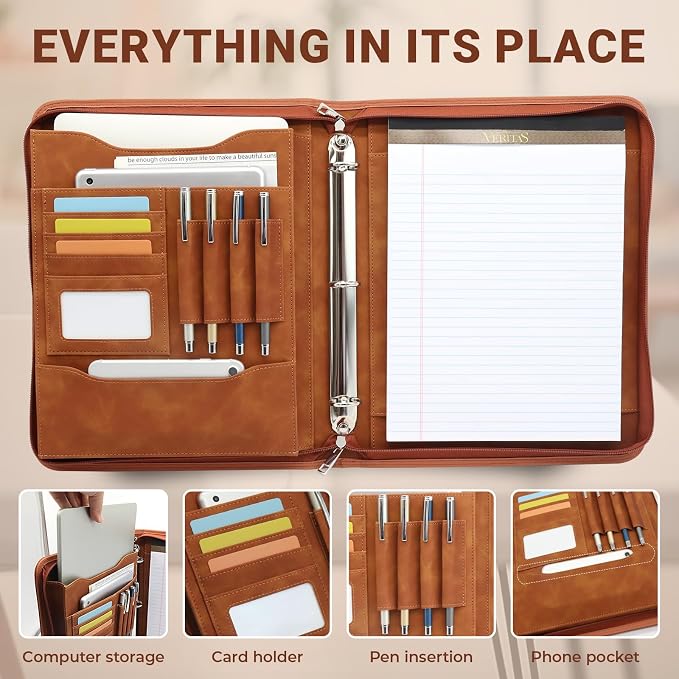 Embossed Faux Leather Zippered Padfolio with 3 Ring Binder, Executive Portfolio Organizer Binder for Women, Fits 13.9" Laptop/Tablet, Refillable Writing Pad Pocket, Brown