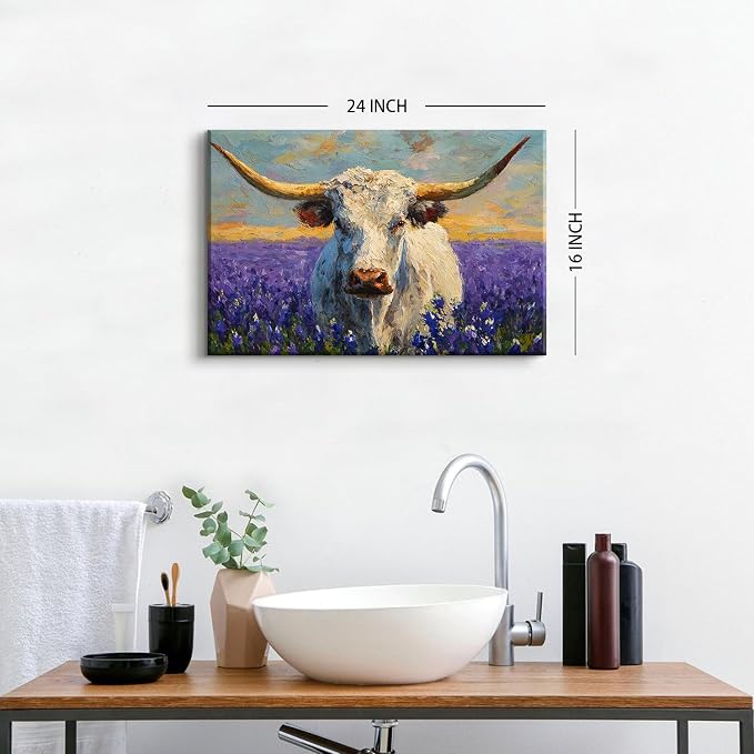 Vintage Cow Canvas Wall Art Farmhouse Wildflower Paintings Wall Decor for Living Room Rustic Texas Longhorns Cattle Canvas Prints Watercolor Animal Posters Artwork Nursery Bedroom Decorations 16x24"
