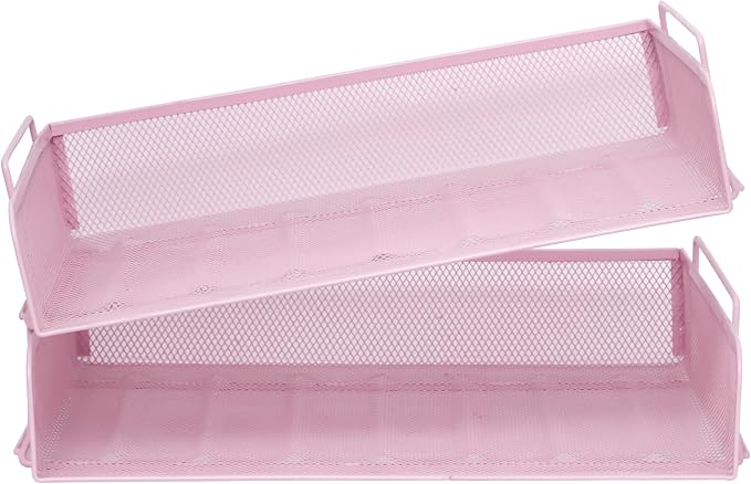 2 Pack Stackable Desk Paper Tray, Metal Mesh Desktop Document Letter File Organizer for Office Home School, 13.5'' L x 9.75'' W x 5.5'' H, Pink