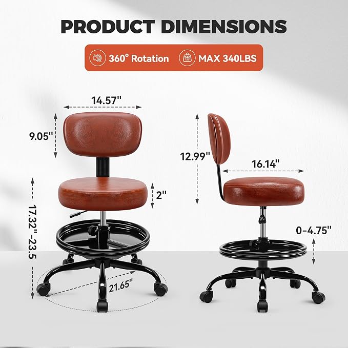 BestGlory Shop Stool with Wheels for Garage, Mechanics Rolling Chair with Backrest, Adjustable Height Heavy Duty Garage Stool with Footrest and Storage Tray, Swivel Task Chair for Workshop Salon