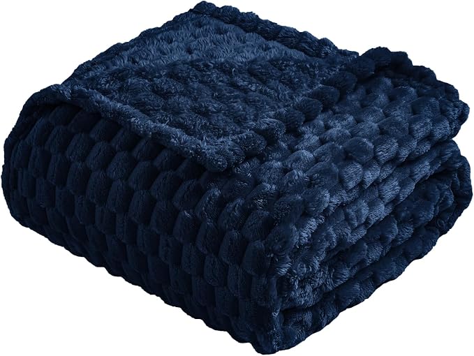 Vessia Flannel Fleece Throw Blanket(50x70 inch), 3D Jacquard Navy Fuzzy and Warm Blanket for Couch, Sofa, Bed, Chair, 300GSM Super Soft Touch Cozy Lightweight Throw for All-Season Home Decor