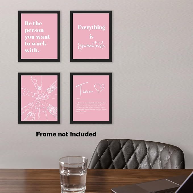 XWELLDAN Be The Person You Want to Work With Team Work Wall Art Decor, Inspirational Motivational Wall Decor for Office, Office Artwork Wall Decor, 8x10 Unframed Set of 4(light pink)