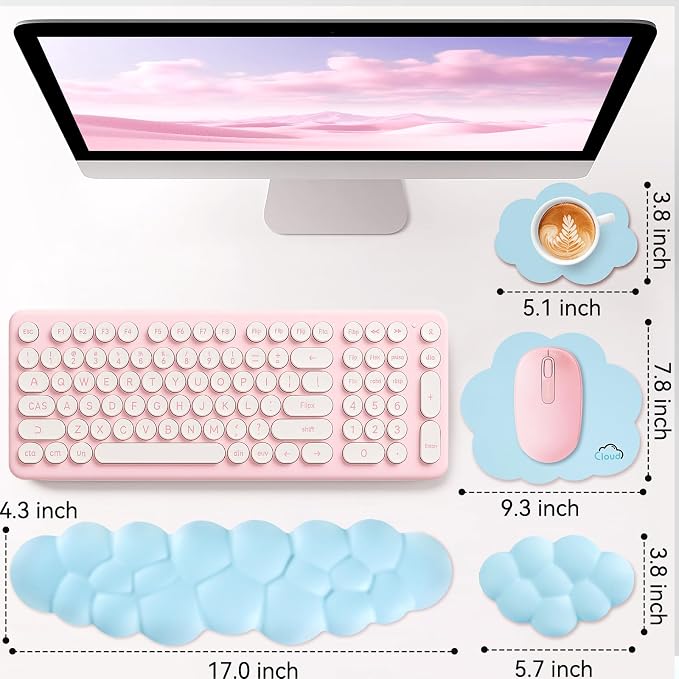 Sushret Cloud Wrist Rest for Computer Keyboard, 4-in-1 Memory Foam Leather Cloud Keyboard Wrist Rest and Mouse Pad Set with Ergonomic Support for Arm and Palm Cushion, Gaming/Work Setup, Blue