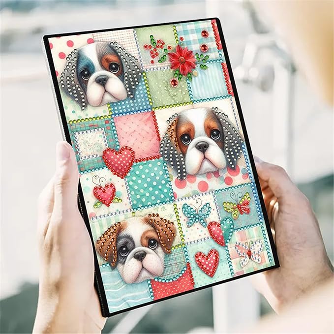 FRANDEK Diamond Art Painting Notebook Kit, Plaid Dog A5 DIY Journal with 50 Blank Pages, Crystal Rhinestone Cover with Waterproof Canvas, Beginner Craft Set with Full Tools for Adults