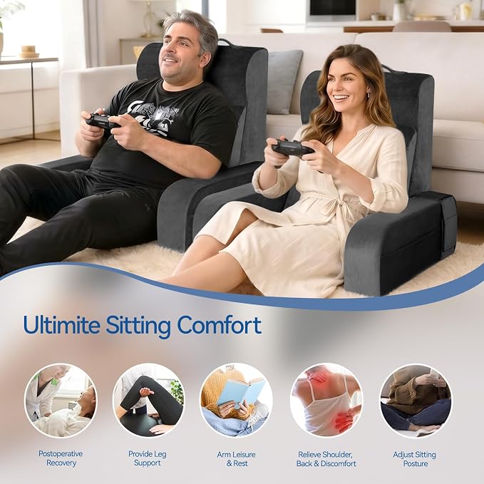 Kayfia Reading Pillow, Gel Memory Foam Back Rest Pillow, 19", Black | 3 Storage Pockets, Dual-Use Back Leg Support Pillow, Detachable Armrests, Ideal for Reading, Gaming, Working on Bed & Couch