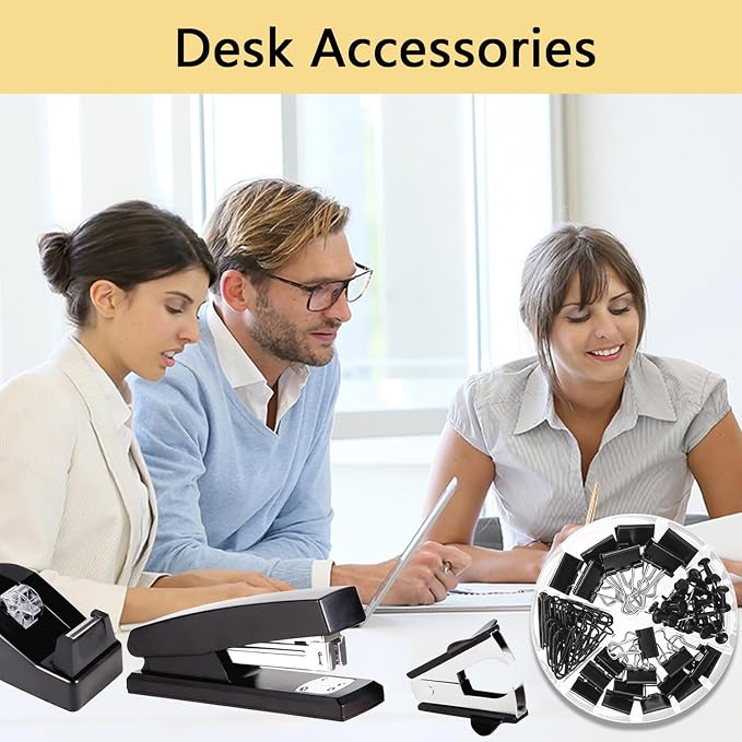 Office Supplies,Black Desk Accessories,Office Supplies Set,Stapler and Tape Dispenser Set,Scissors,Staple Remover,Binder Clips,Staples,Ballpoint Pen,Index Tabs with Ruler,Clear Tape.9pcs for Office