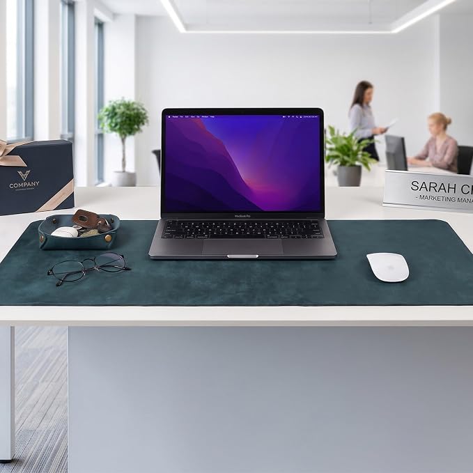 LEATHER VILLAGE Real Leather Desk Pad 3mm Thick Double Layer Desk Mat Blue | 32''x16'', Cover Blotter Large Full Grain Protector for Keyboard, Mouse & Laptop, Office Table Mat & Desktop Accessories