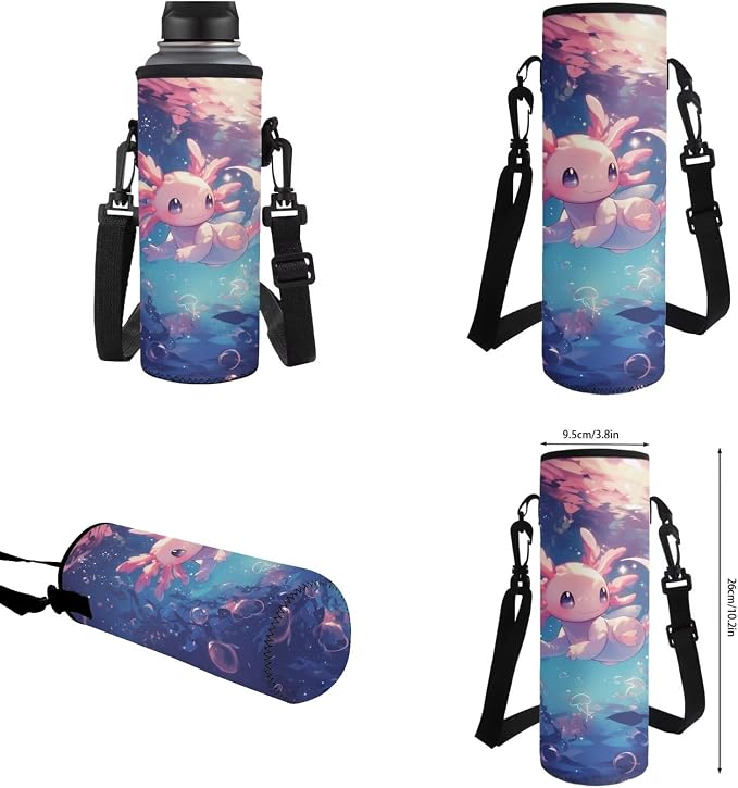 WELLFLYHOM Axolotl Jellyfish Kids School Backpack Girls 6-8 Years Old 4 Pcs Book Bag with Lunch Box Pencil Case Water Bottle Sleeve for Elementary Primary School Blue